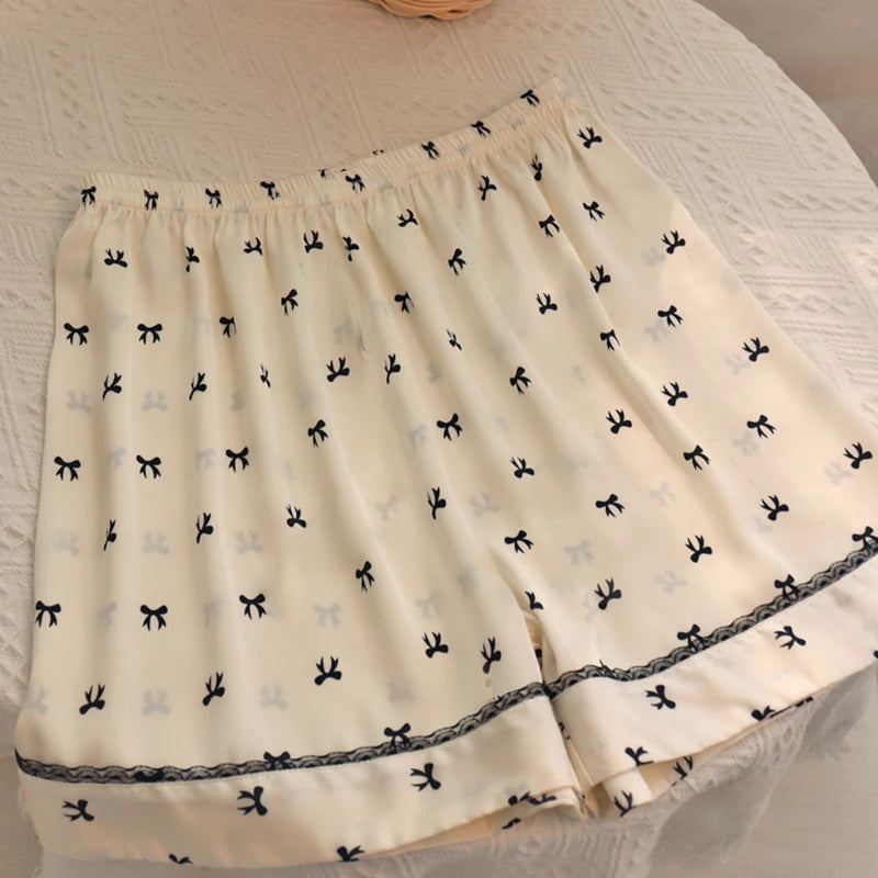 Sweet Cute Lace Flower Side Bow Print Women's Pajamas Simulated Silk Short Summer Cool Lady Lounges 2024 New Classy Y2k Homewear