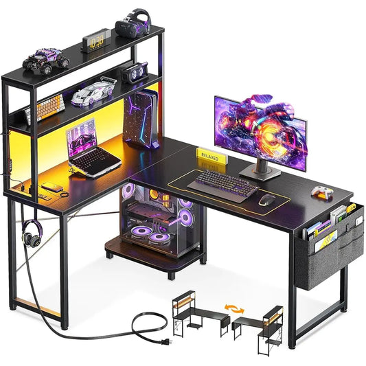 43 H L Shaped Desk With Led Lighting, Reversible Gaming Desk With Power Outlets, Cornor Computer Table With Storage Shelves &