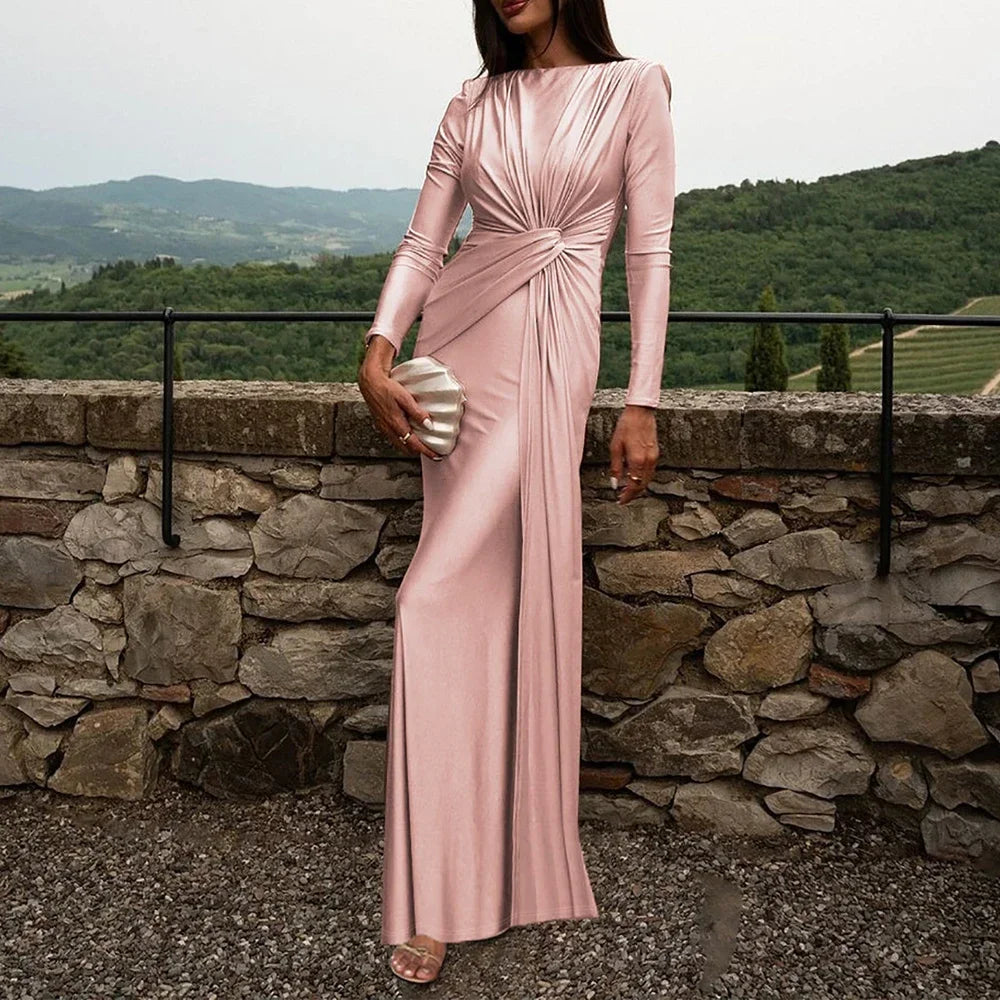 Elegant High Waist Pleated Maxi Dress Women's New Solid O Neck Long Sleeve Slim Dress Luxury Party Evening Gown Robe