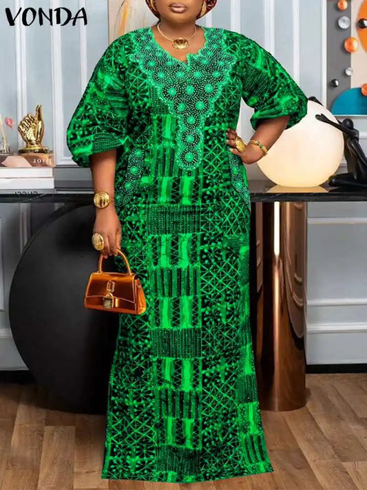 Plus Size 5XL VONDA Bohemian Summer Women Long Dress Printed Sundress Fashion Puff Sleeve V Neek Loose Casual Vestidos Robe