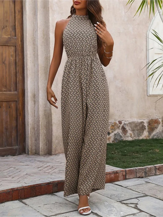 Elegant Office Print Jumpsuit Female Fashion O Neck Sleeveless High Waist Wide Leg Pants Jumpsuits For Women Summer Clothes New