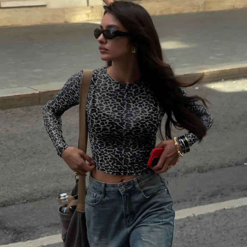 Ladies summer Leopard Print Clubwear Y2K Clothes Women Long Sleeve O-Neck Mesh See Through Slim T Shirt Holiday Streetwear Tees