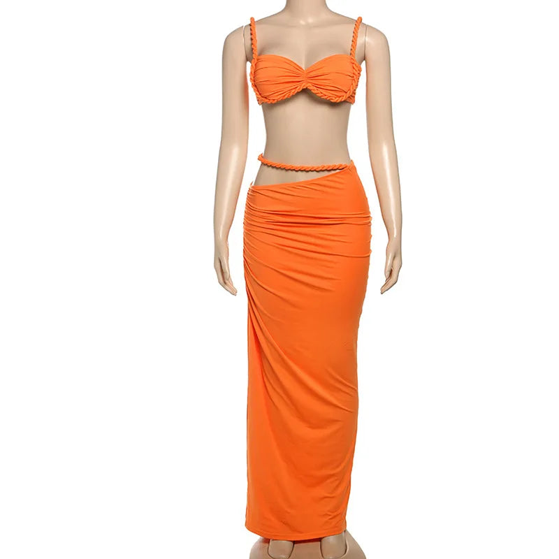 Ladies Summer Party 2 Piece Skirt Set Women Sleeveless Backless Crop Top Long Skirts Matching Sets Club Streetwear Woman Clothes