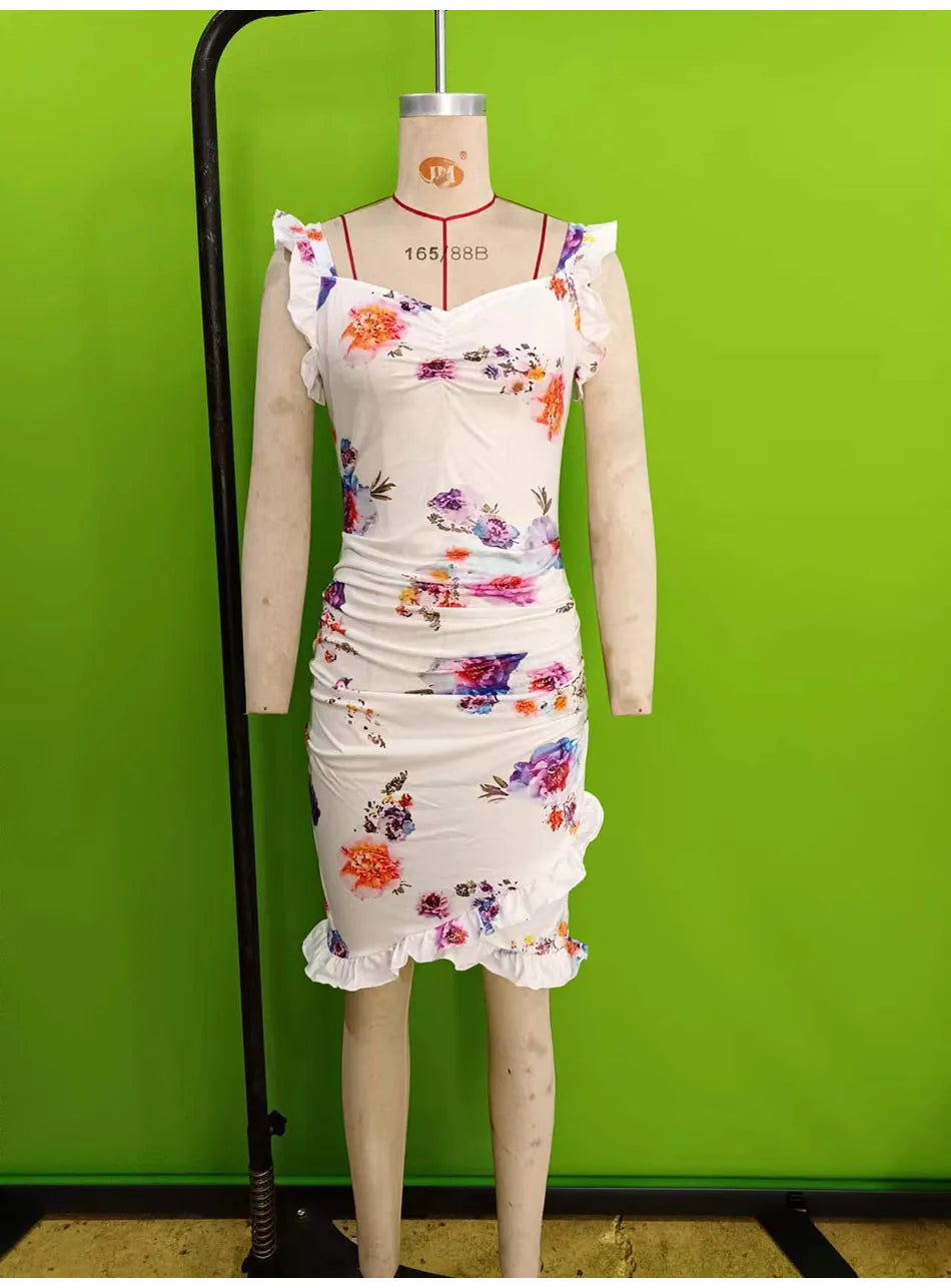 Summer Sexy Floral Bodycon Mini Dress Women 2024 Fashion Sleeveless Bandage Tunics Party Dresses Casual Red Ruffles Sundress