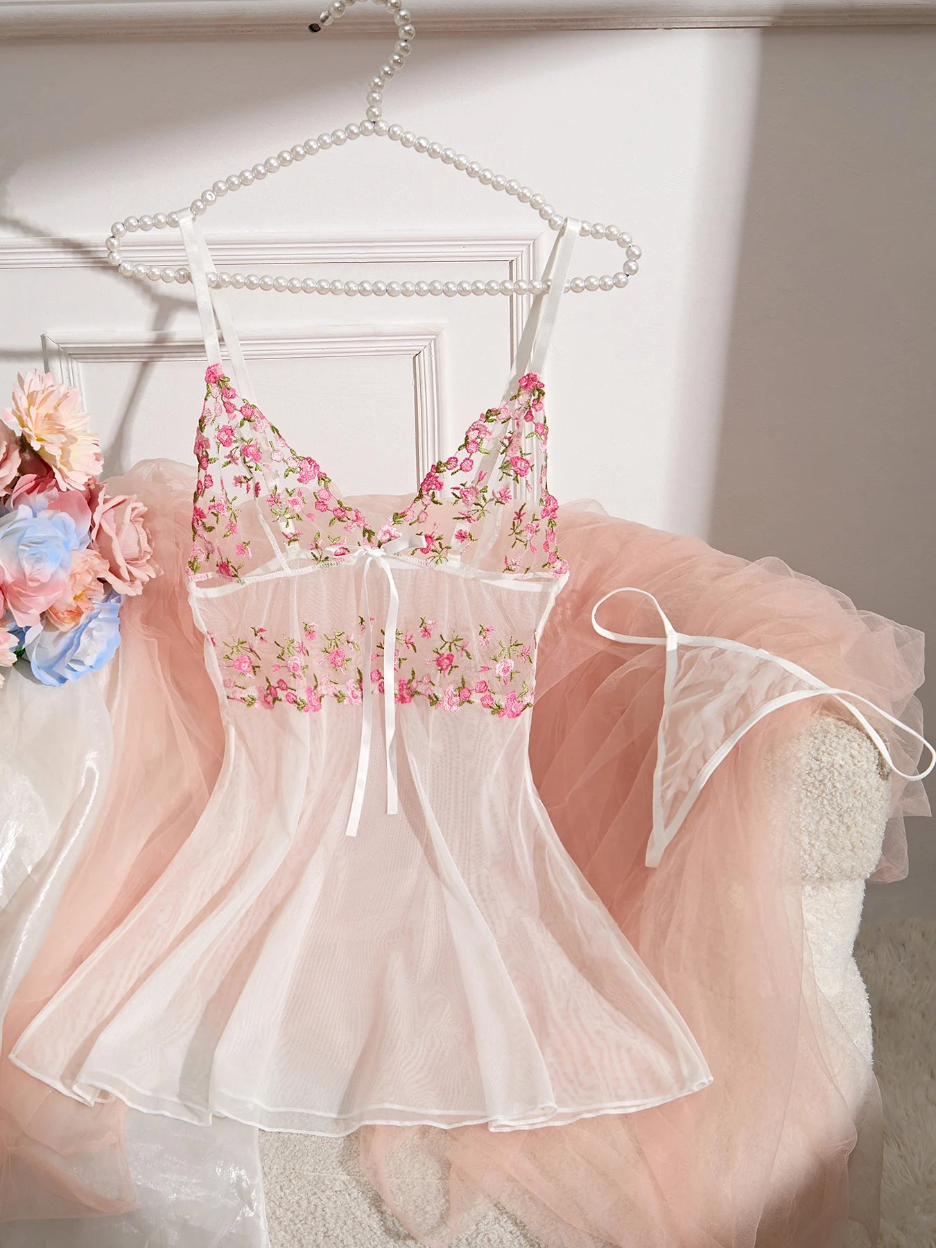 Lady Floral See Through Sexy Slip Dress Mesh Cute Girls Sexy Nightwear Sleep Nightdress Lingerie Dress Set
