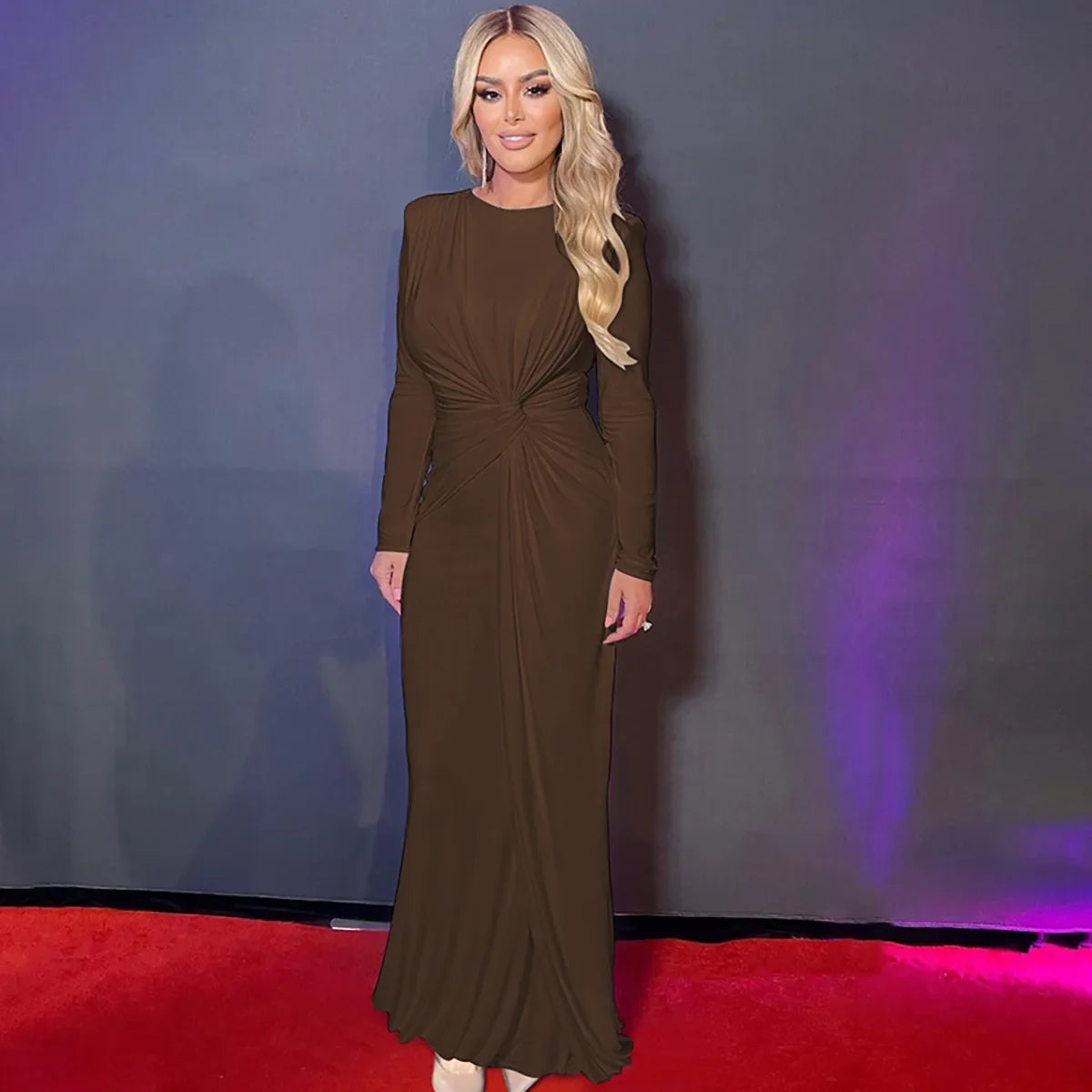 New Elegant High Waist Folds Long Maxi Pink Dresses for Women 2025 Chic O-neck Long Sleeve Tunics Slim Solid Party Evening Dress