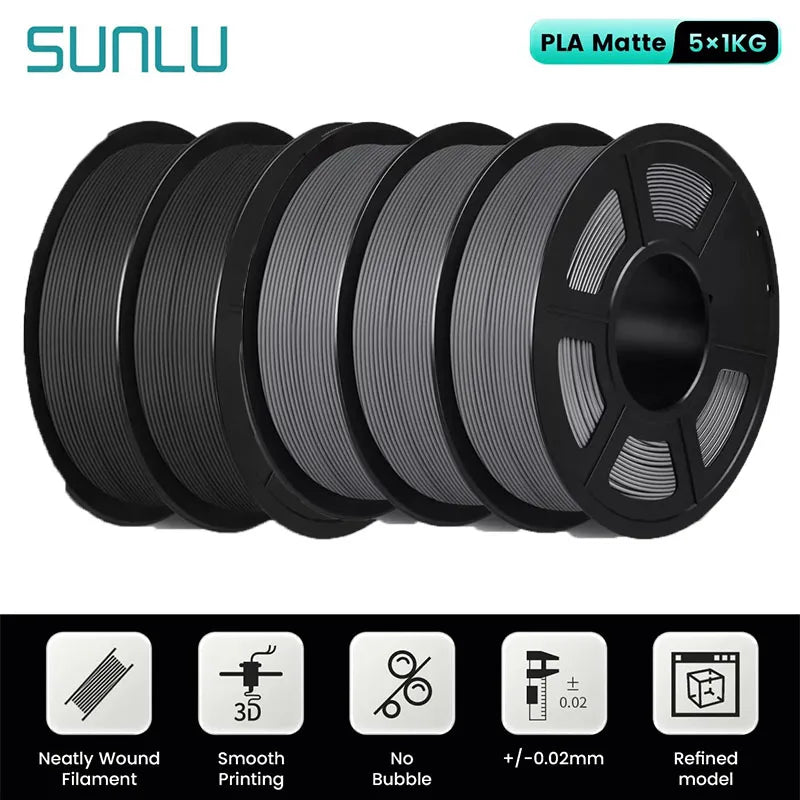 SUNLU 5Roll PLA Matte Filament 1.75mm 1kg Spool (2.2lbs) Smooth Matte Finish Neatly Wound Filament Fit Most FDM Printer