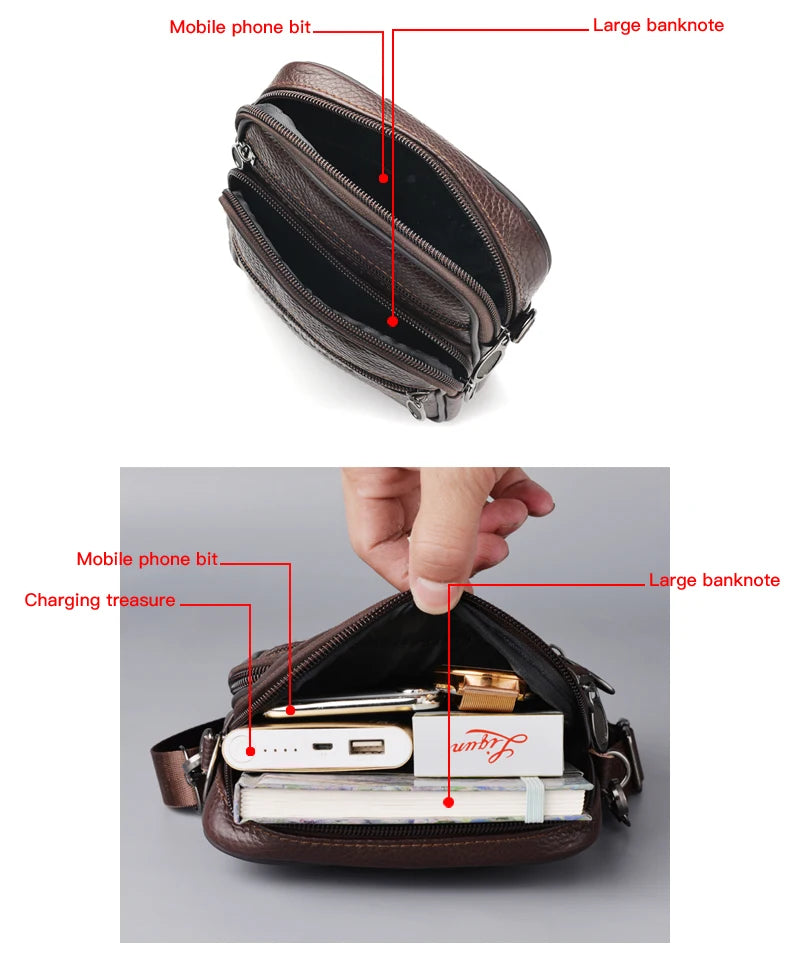 Men's Genuine Leather Crossbody Bag High Quality Zipper Pocket Retro Business Messenger Bag for Men
