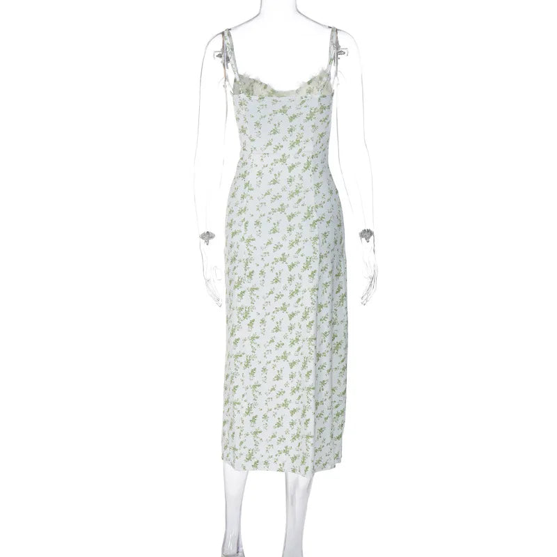 Ladies Summer Floral Print Fashion Evening Party Dress Women Sleeveless Backless Side Slit Midi Dresses Woman Clothes Clubwear