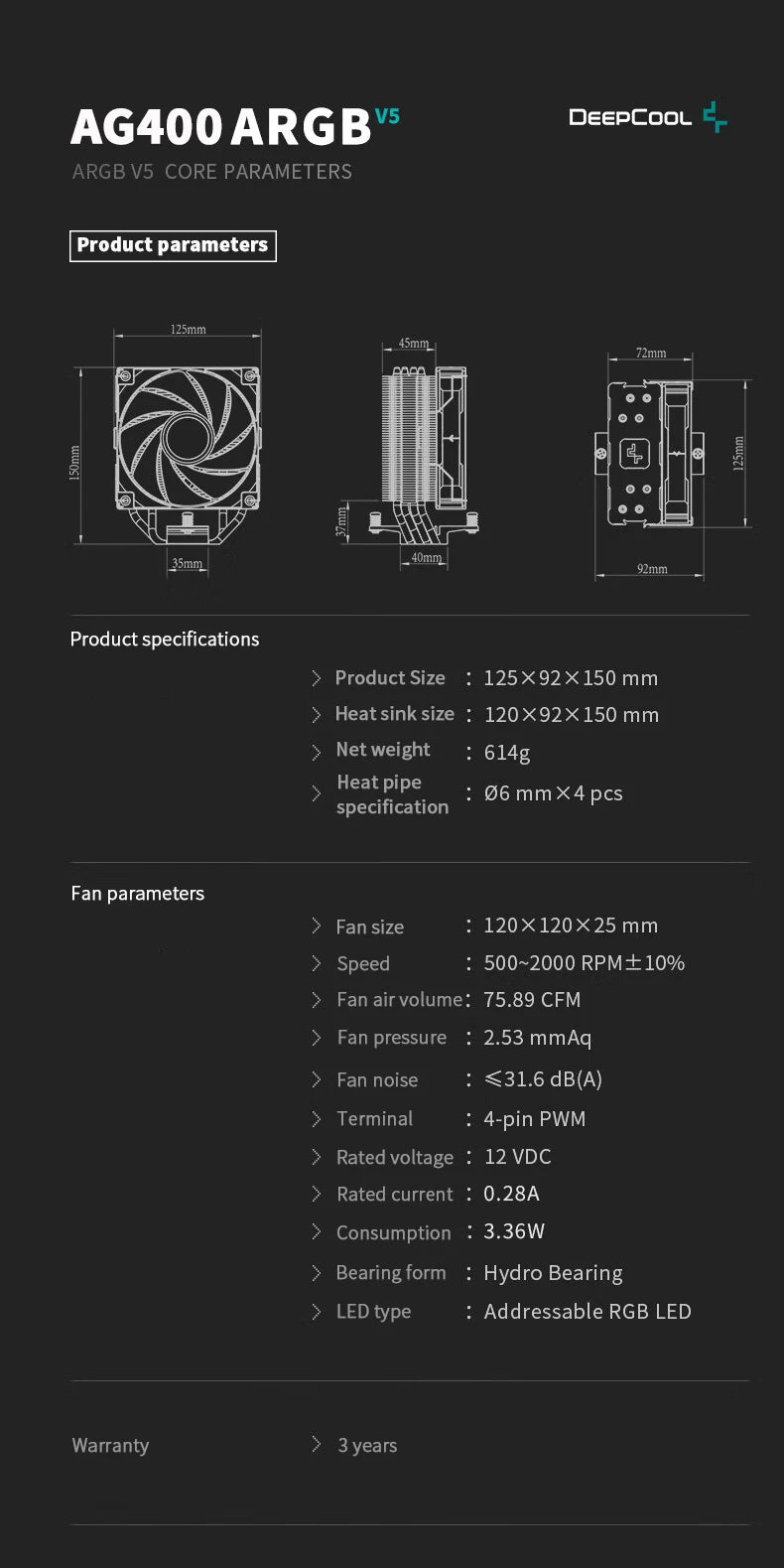 DEEPCOOL AG400 4 Heat Pipe CPU Air-Cooled Cooler ARGB PWM TDP 220W CPU Radiator for LGA1700 1200 115X 1151 1155 AMD AM4 AM5