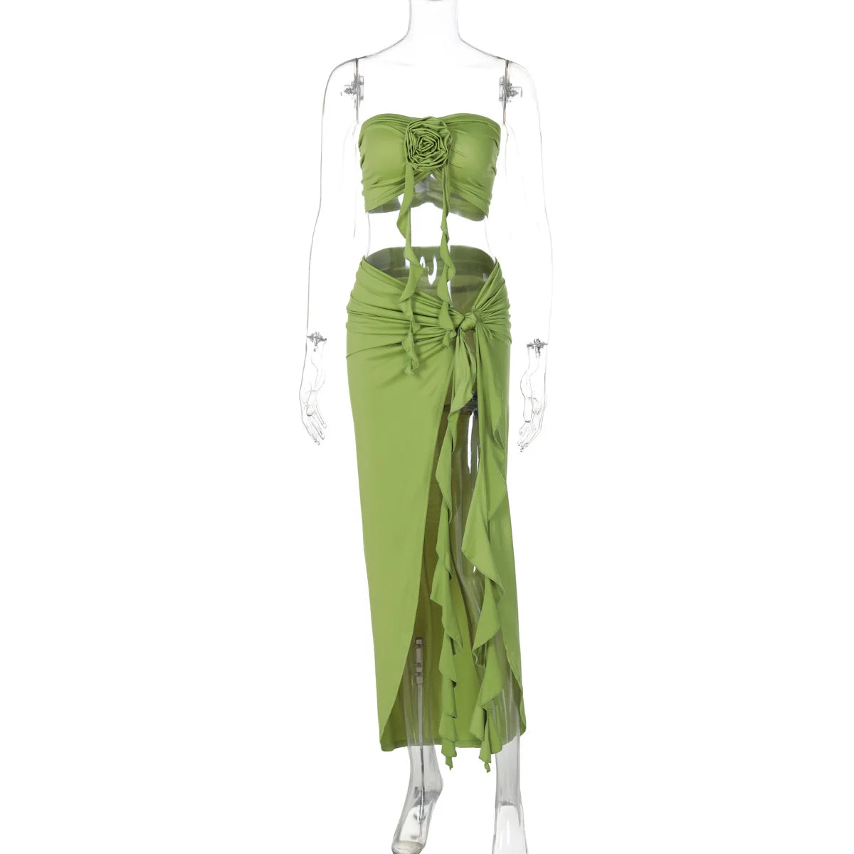 Ladies Matching Suit Applique Strapless Ruched Crop Top Ruffles Split Midi Dress Set Women Summer Party Club Y2K Fashion Outfits