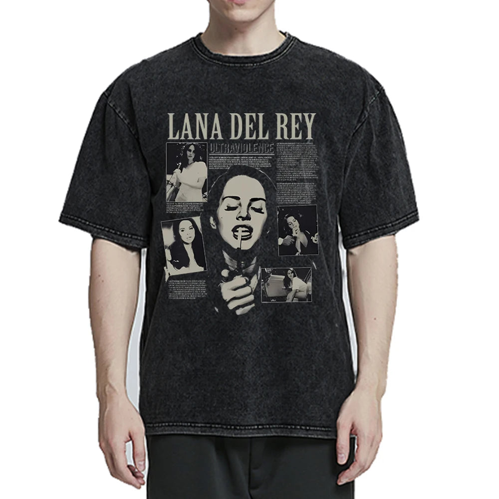 Singer Lana Del Rey Washed T-Shirt Harajuku Men Women Retro Short-Sleeve Fashion T-Shirts Oversized Cotton Tees Streetwear