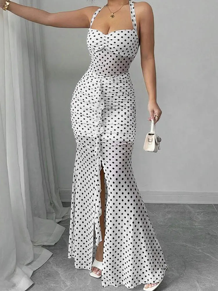 Women Maxi Dresses Summer New Streetwear Fashion Print Halter Split Casual Slim Dress Sexy Backless Low Chest V-Neck Lady Dress