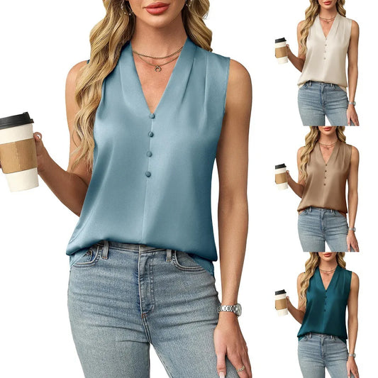 Summer Women's Shirt Sleeveless Satin V-neck Button Straight Top Fashion Office Simple Inner Wear Basic Vest