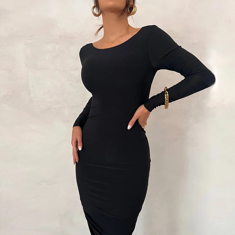 Ladies Autumn Elegant Evening Party Dress Women Long Sleeve Backless Ruched Fashion Long Dresses Woman Clothes Birthday Clubwear