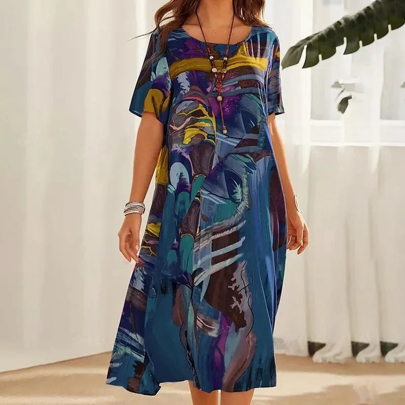 Plus size European and American cross-border summer dress casual short sleeve round neck print loose dress