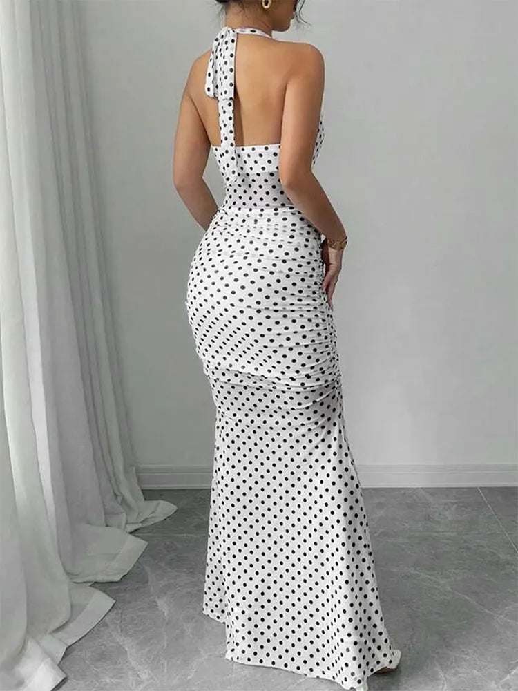 Women Maxi Dresses Summer New Streetwear Fashion Print Halter Split Casual Slim Dress Sexy Backless Low Chest V-Neck Lady Dress
