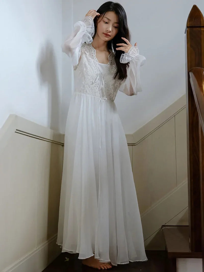 Princess Fairy Night Dress Robe French Morning Gown Lace Mesh Ruffles Vintage Sexy Two-piece Nightgown Female Spring Summer