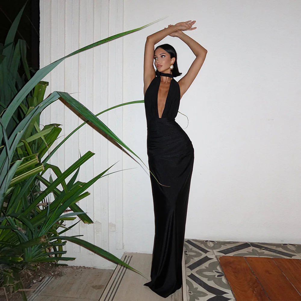 Ladies Summer Fashion Evening Party Dress Women Backless Deep V-Neck Halter Sexy Long Dresses Woman Clothes Birthday Clubwear