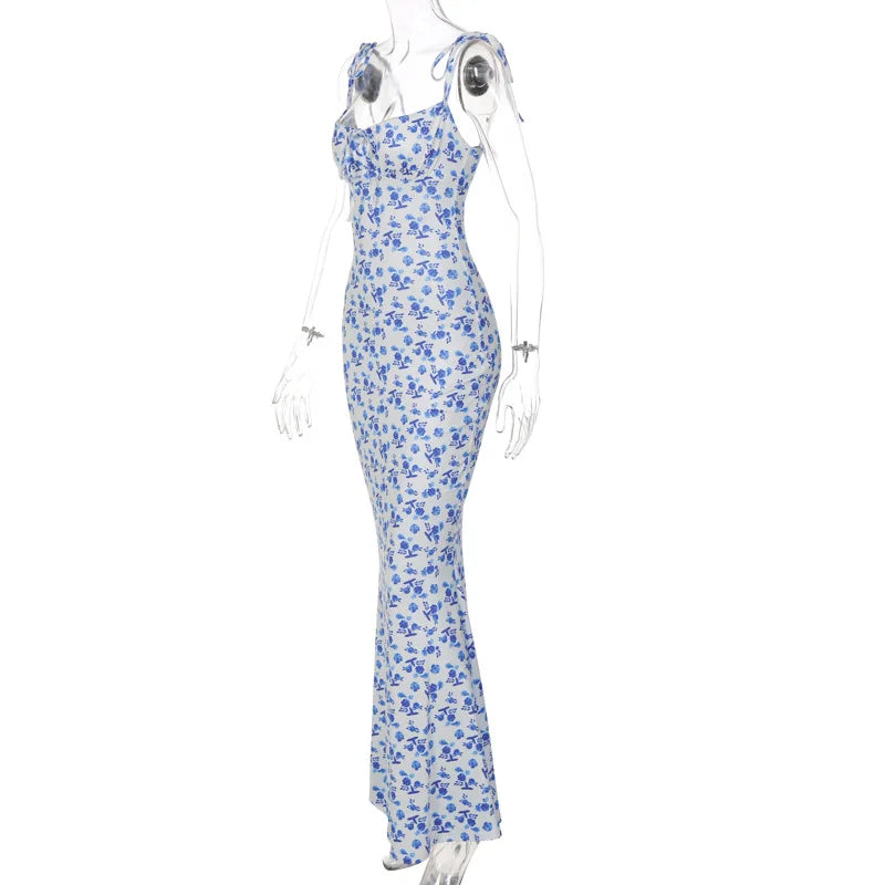 Ladies Summer Floral Print New Fashion Evening Party Dress Sleeveless Backless Sexy Long Dresses Woman Clothes Birthday Clubwear