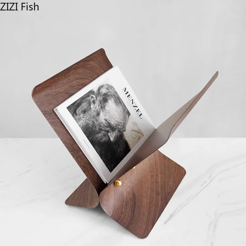 Walnut Wood Grain Metal Bookshelf File Book Organizer Shelves X-shape Magazine Racks Book Holder Metal Rack Room Aesthetic Decor