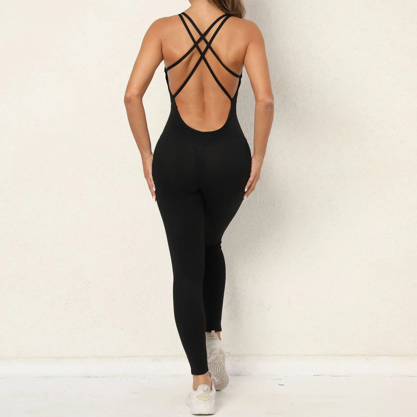 Sexy Backless Bodycon Scrunch Jumpsuit Raises Butt Women Dance Fitness Overalls for Women Sleeveless Yoga Sport Jump Suit Black