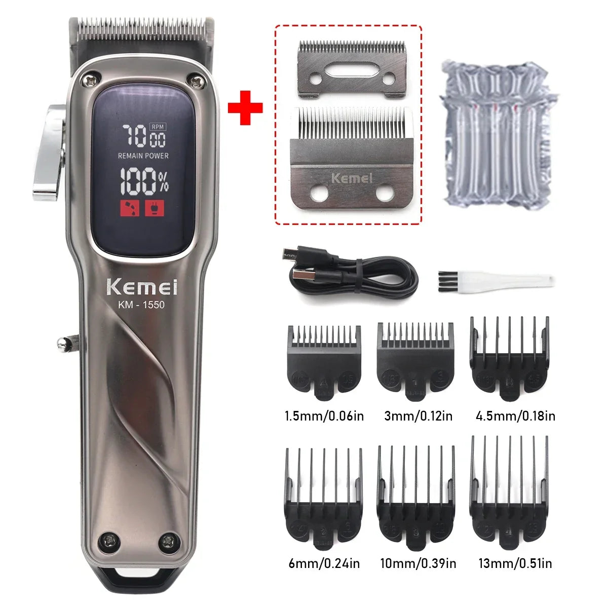 KEMEI Km-1550 Professional Hair Clipper for Men LED Display Low Noise Cordless USB Interface Hair Cutting Machine Hair Trimmer