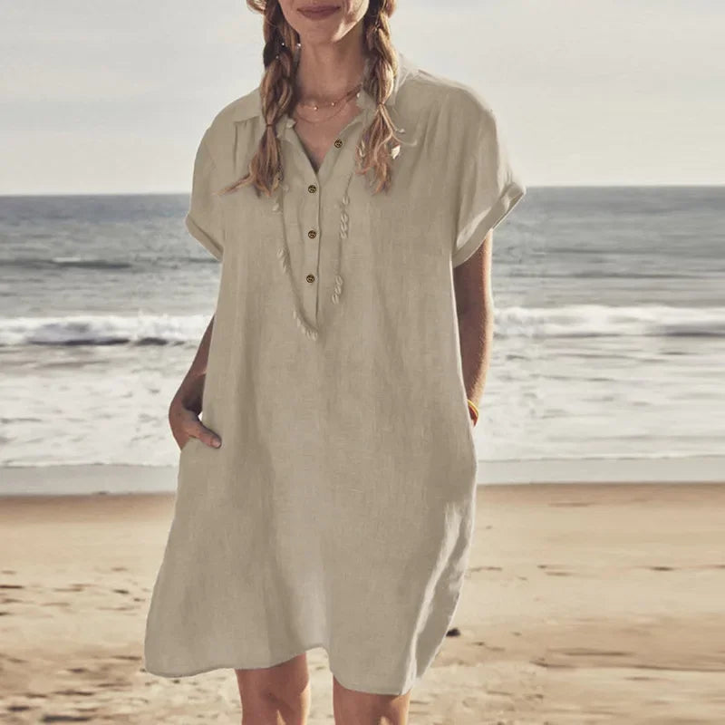 Women's L-5XL Plus Size Summer Cotton and Linen Short Sleeved Button Dress with Lapel Pockets Solid Color Loose Fitting Dress