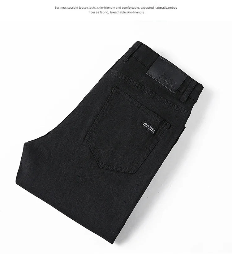 Men's Pure Black Slim Jeans Elastic Straight Pants Business Fashion Leisure Korean Vintage Skinny Small Feet Denim Pants Male