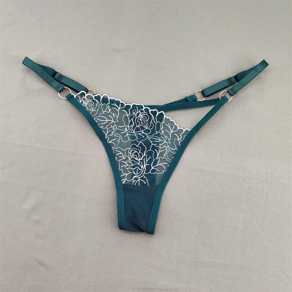3pcs V-shaped Sexy Lace Floral Thong Women Hollow Out V-Strings Adjustable Belt Transparent Underwear
