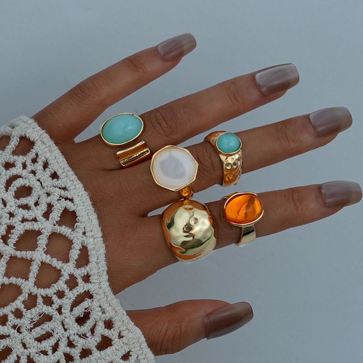 Boho Punk Exaggerated Metal Finger Rings Set for Women Vintage Flower Pearl Crystal Starfish Shell Rings Summer Beach Jewelry