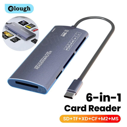 Elough 6 in 1 Card Reader SD TF XD CF M2 Memory Card Readers USB Adapter Type C High Speed Data Transfer Cardreader For Laptop