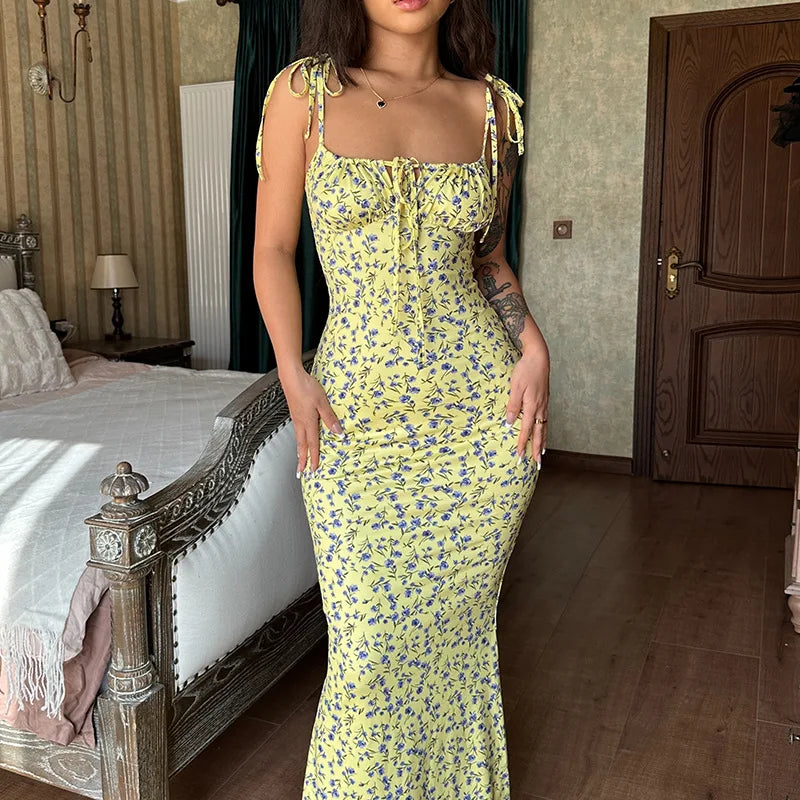 Ladies Summer Floral Print New Fashion Evening Party Dress Sleeveless Backless Sexy Long Dresses Woman Clothes Birthday Clubwear