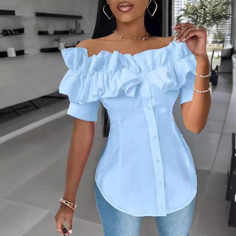 Sexy One-piece Collar Slim White Shirt And Blouses Women's Summer Short Sleeve Fashion Ruffle Button Cardigan Female Shirts Top