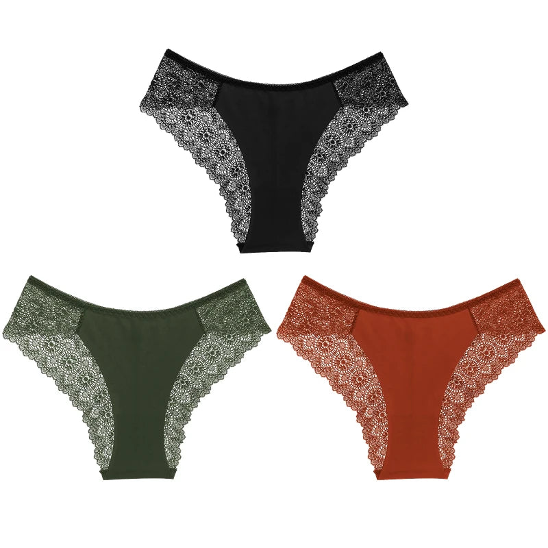 TrowBridge 3PCS/Set Sweet Women's Panties Silk Satin Underwear Lace Sexy Lingerie Girls Breathable Briefs Soft Comfortable Panty