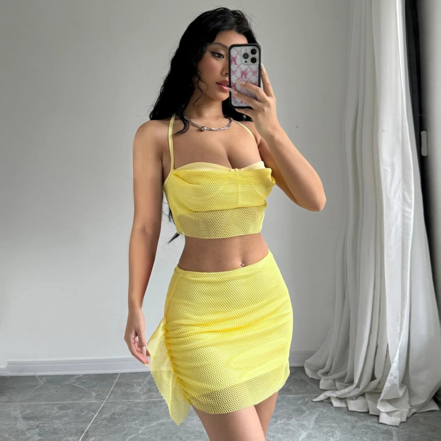 Ladies Summer Mesh Patchwork Y2K 2 Pieces Sleeveless Backless Sexy Crop Top And Mini Skirt Set Women New Fashion Party Clubwear