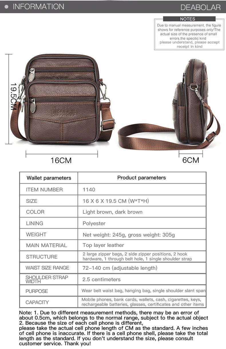 Men's Genuine Leather Crossbody Bag High Quality Zipper Pocket Retro Business Messenger Bag for Men