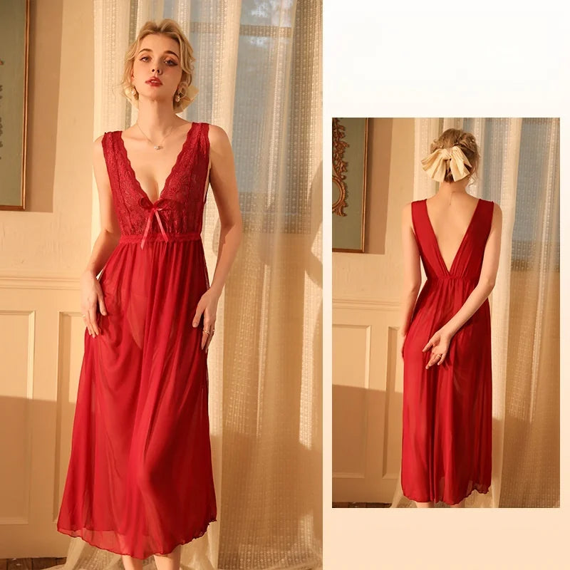 2025 Sheer Mesh Chemise Nightgown Adjustable Straps Full Length Lingerie Set Comfort Stretch Women Sleepwear Night Dress Woman