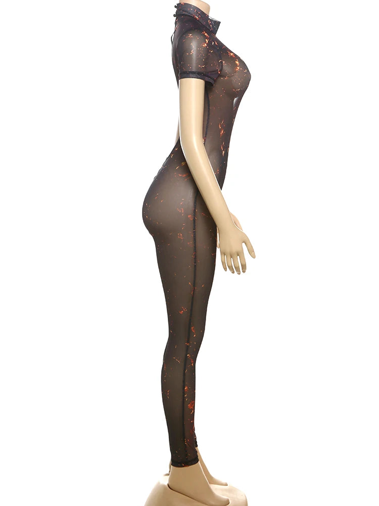 Nibber Colorful Print Jumpsuit Women Mesh  See Through Coquette Summer Backless Peach Buttocks Tight Activity Clubwear Overalls