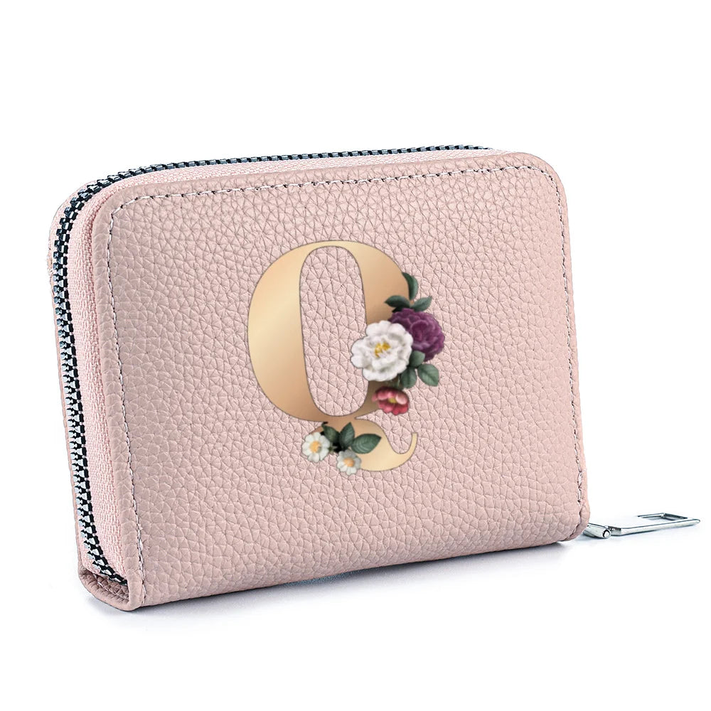 Fashionable Multi Functional 26-Letter Printed Pink Zipper Coin Purse And Credit Card Holder For Women