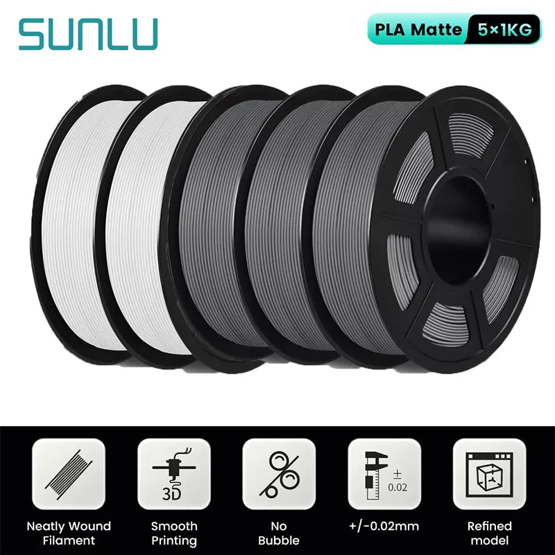 SUNLU 5Roll PLA Matte Filament 1.75mm 1kg Spool (2.2lbs) Smooth Matte Finish Neatly Wound Filament Fit Most FDM Printer