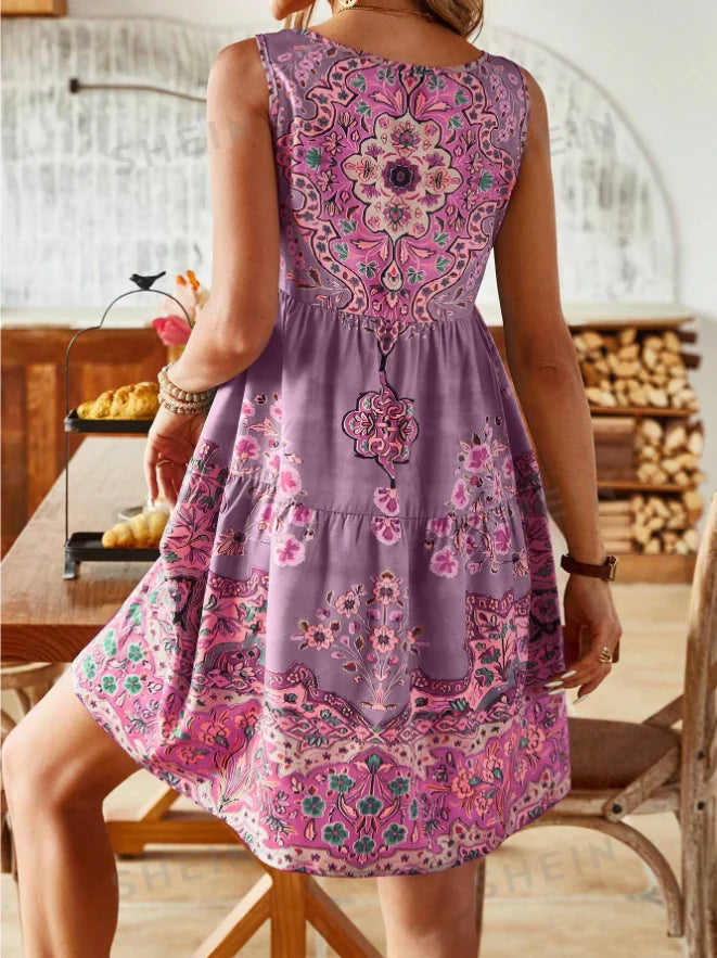 Printed pleated sleeveless V-neck dress