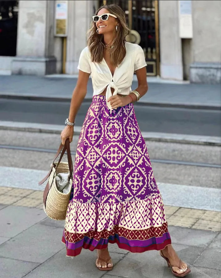 European and American foreign trade skirt independent station summer new printed loose stitching large swing skirt f