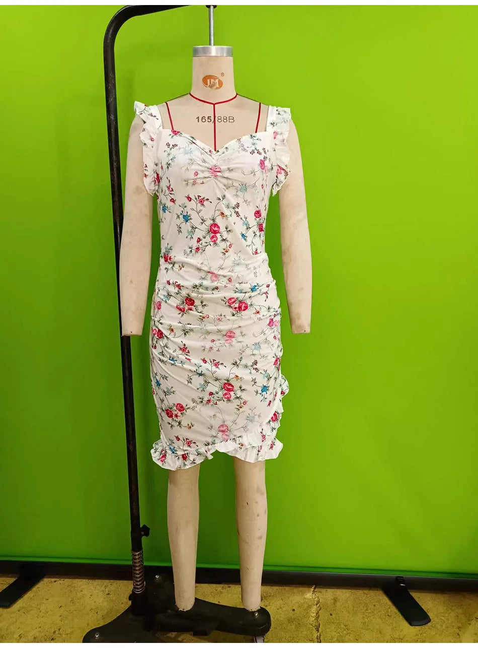 Summer Sexy Floral Bodycon Mini Dress Women 2024 Fashion Sleeveless Bandage Tunics Party Dresses Casual Red Ruffles Sundress