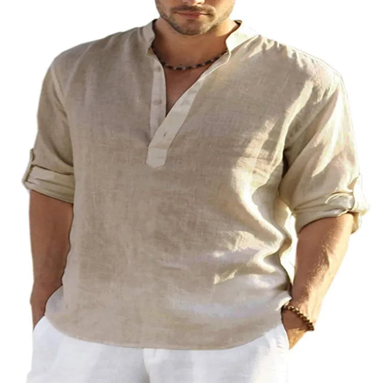 2023 New Men's Linen Long Sleeve T-Shirt Solid Color Loose Casual T-Shirt Long Sleeve Cotton Linen Shirt S-5XL