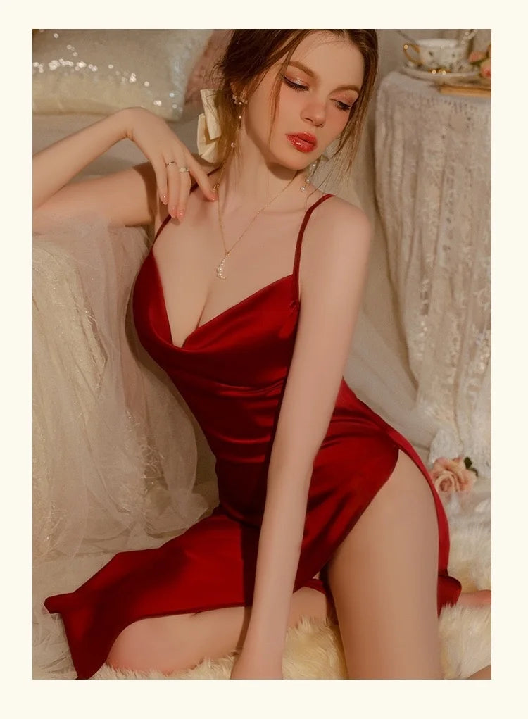 Sexy Backless Ice Silk Halter V Neck Dress Pajamas Short Skirt Home Wear Women Silk Nightgowns Home Clothes