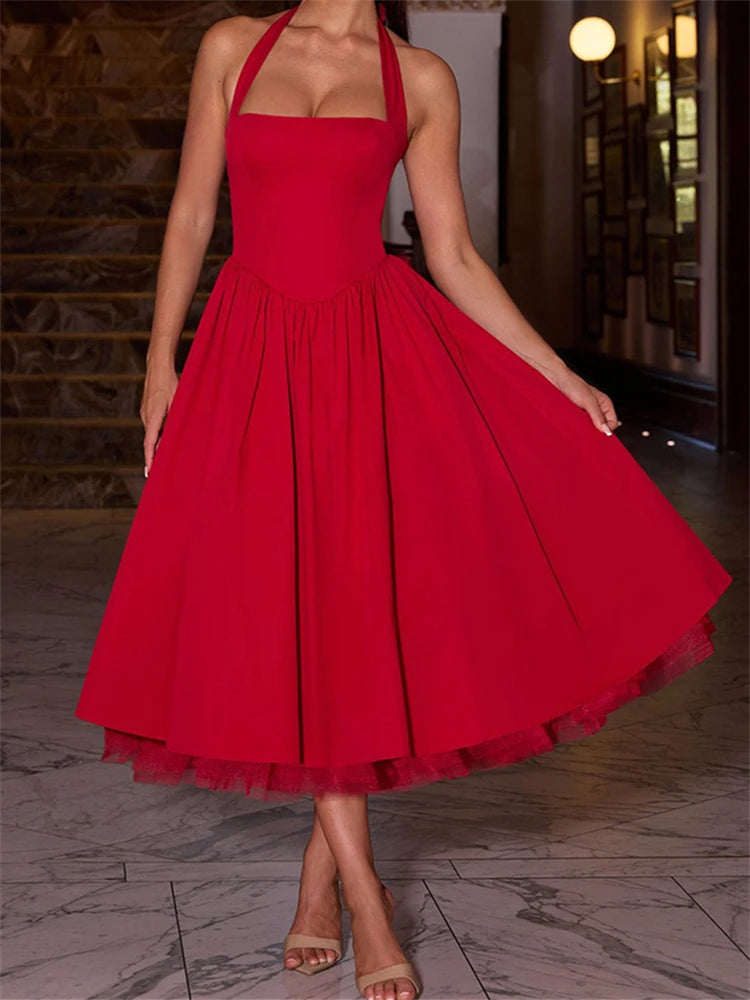 Ladies Summer 2 Layers Elegant Evening Party Dress Women Sleeveless Backless Halter Maxi Dresses Club Streetwear Female Outfits