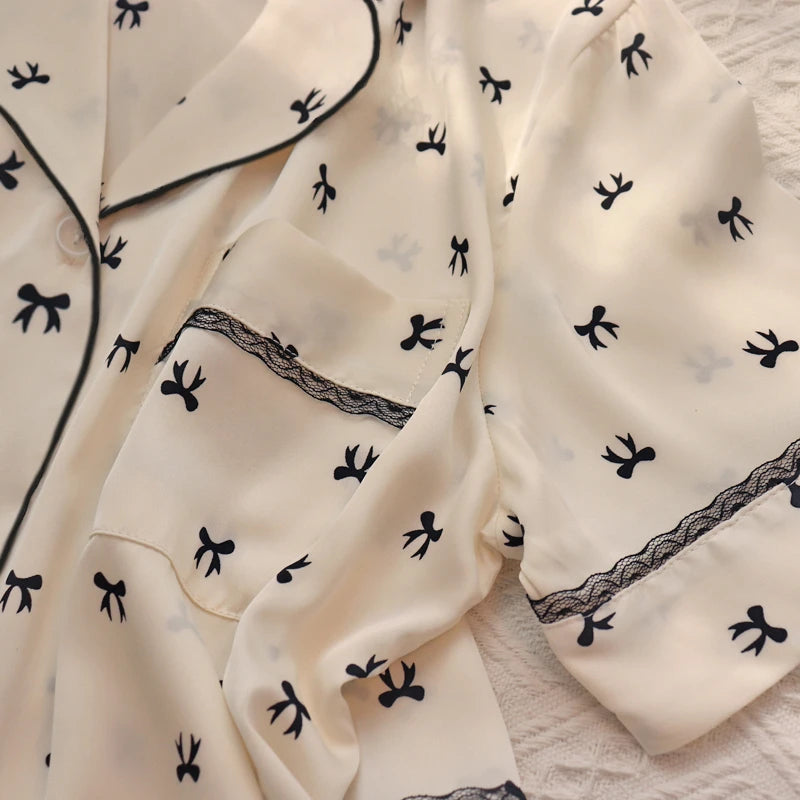 Sweet Cute Lace Flower Side Bow Print Women's Pajamas Simulated Silk Short Summer Cool Lady Lounges 2024 New Classy Y2k Homewear