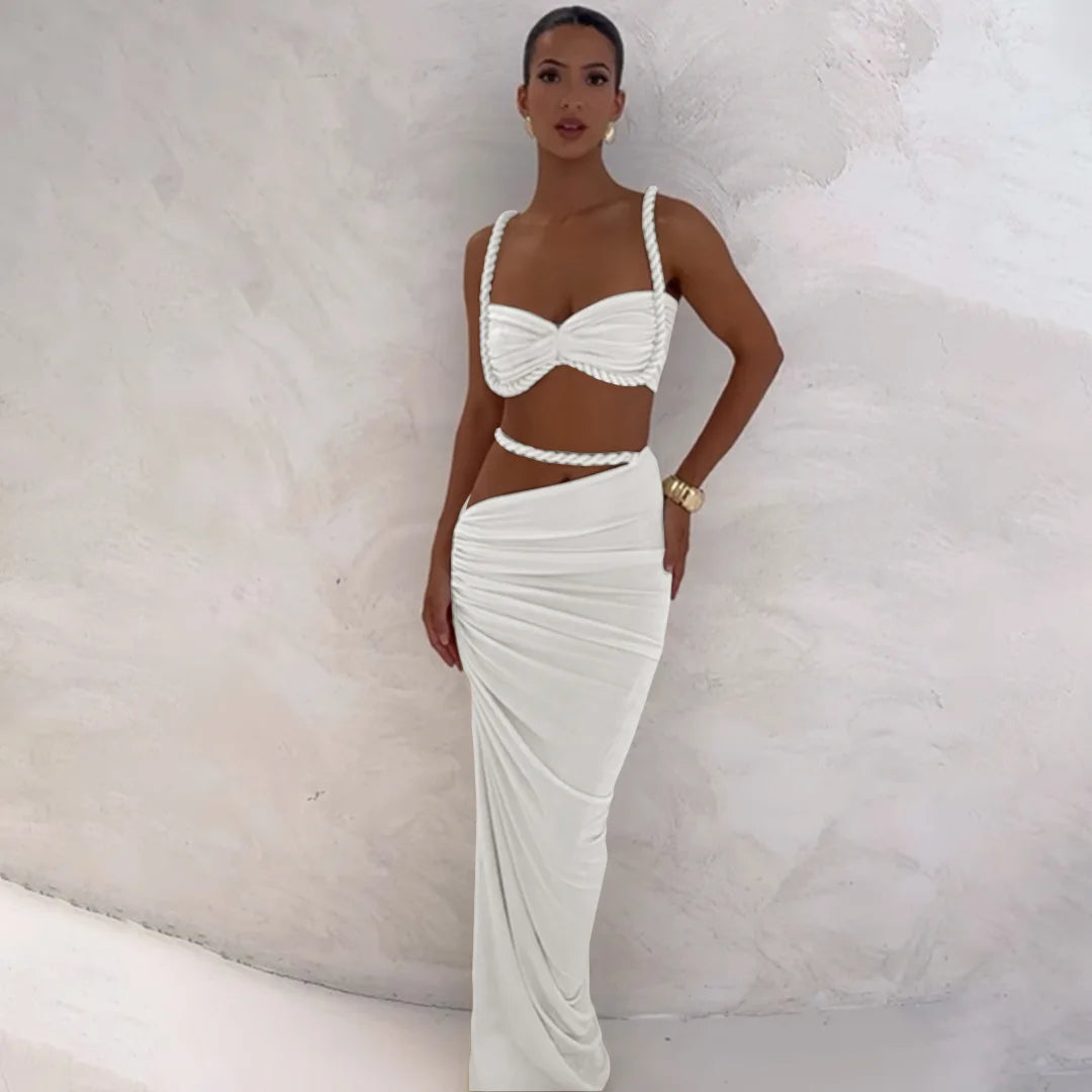 Ladies Summer Party 2 Piece Skirt Set Women Sleeveless Backless Crop Top Long Skirts Matching Sets Club Streetwear Woman Clothes