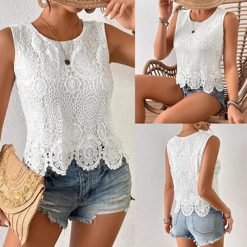 Casual Events XL L Casual Women Top Breathable Lace Summer Vest Breathable Fabric Breathable Vest Daily Wear Round Neck